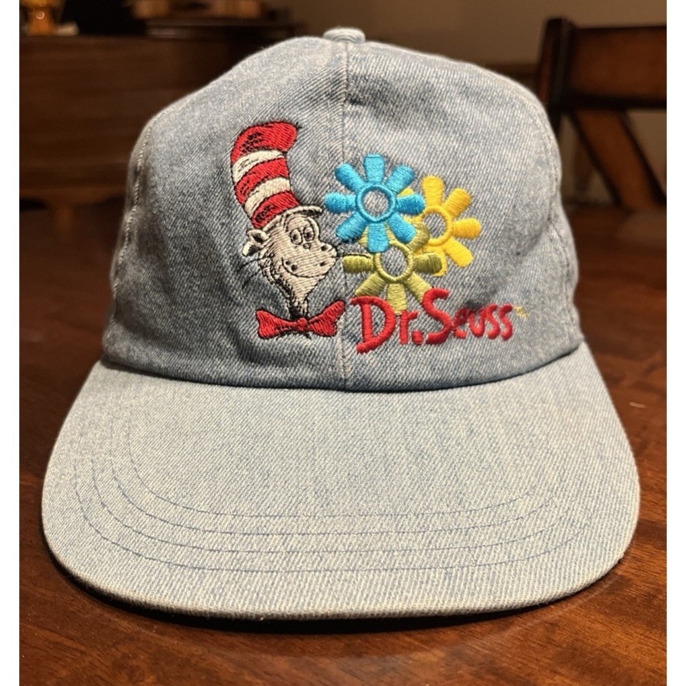Vintage Dr. Seuss Wear 1997 Cat In The Hat with Flowers‎ Denim Cap VG+